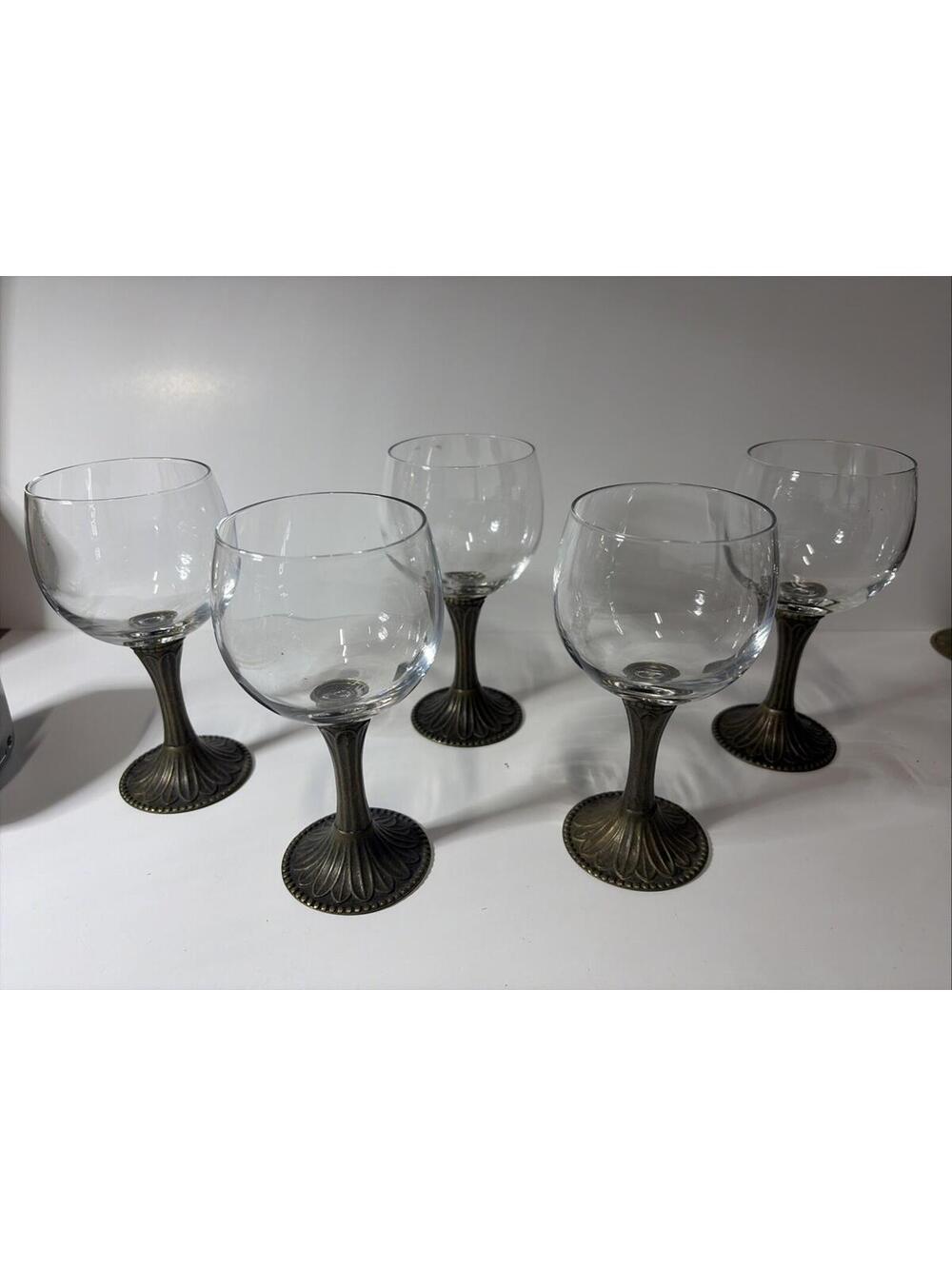 Set Of 5 Vintage Brass And Glass Wine Glasses Ornate 5 3/4 Inches